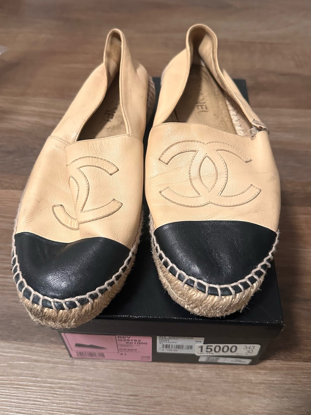 CHANEL Beige and Black Leather Espadrille Flats